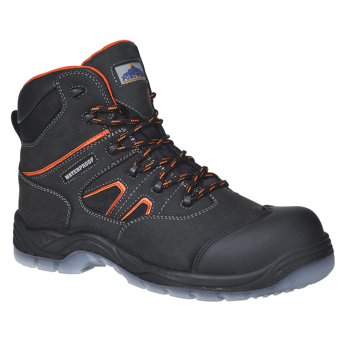 A black and orange composite air boot featuring a waterproof design and safety toe. Includes a logo on the side. composite All-Weather Boot S7S FO SR - Image 1