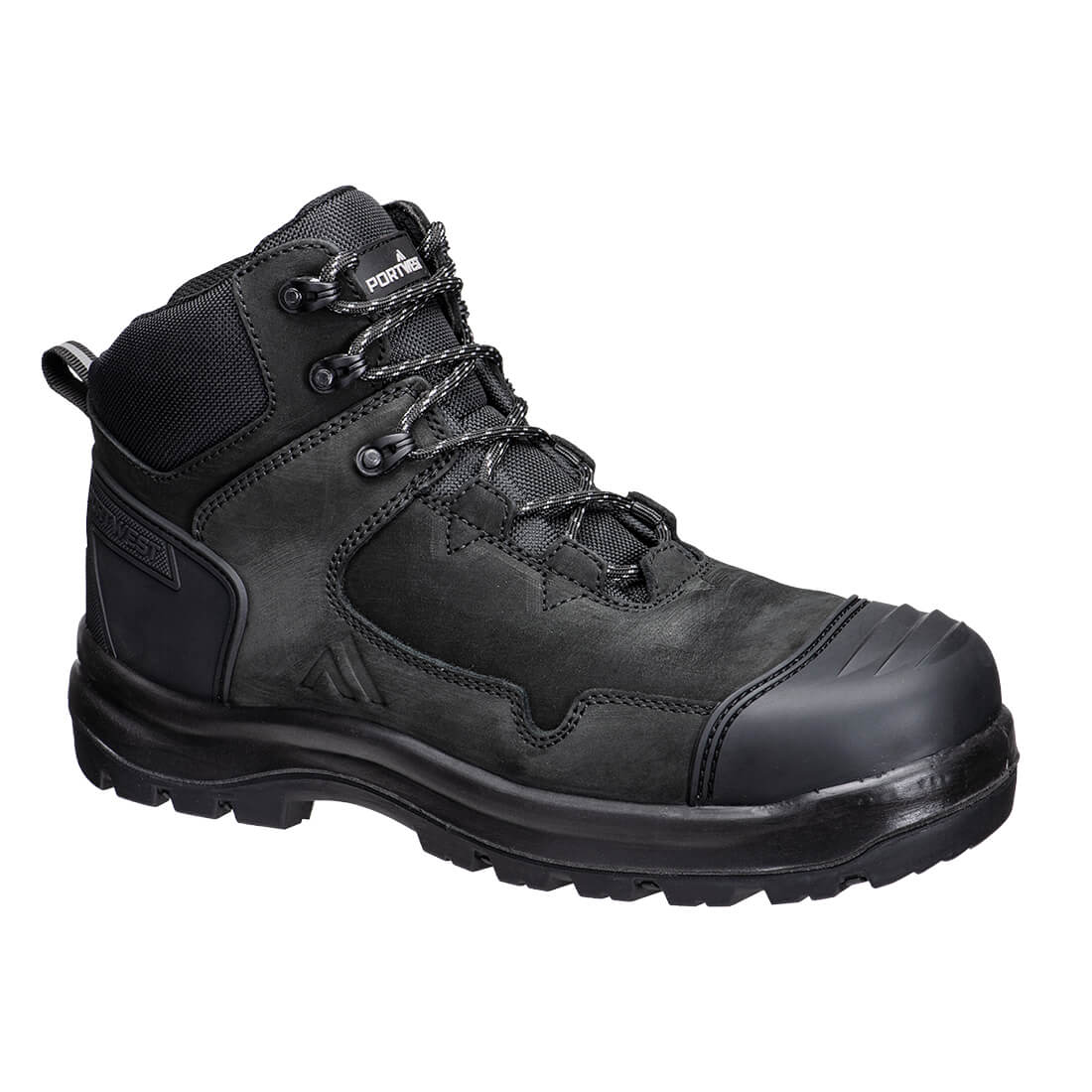 A black mid boot with a sturdy design, featuring lace-up closure and a textured upper. Includes a logo on the side. Apex Composite Mid Boot S3S HRO SR FO - Image 1