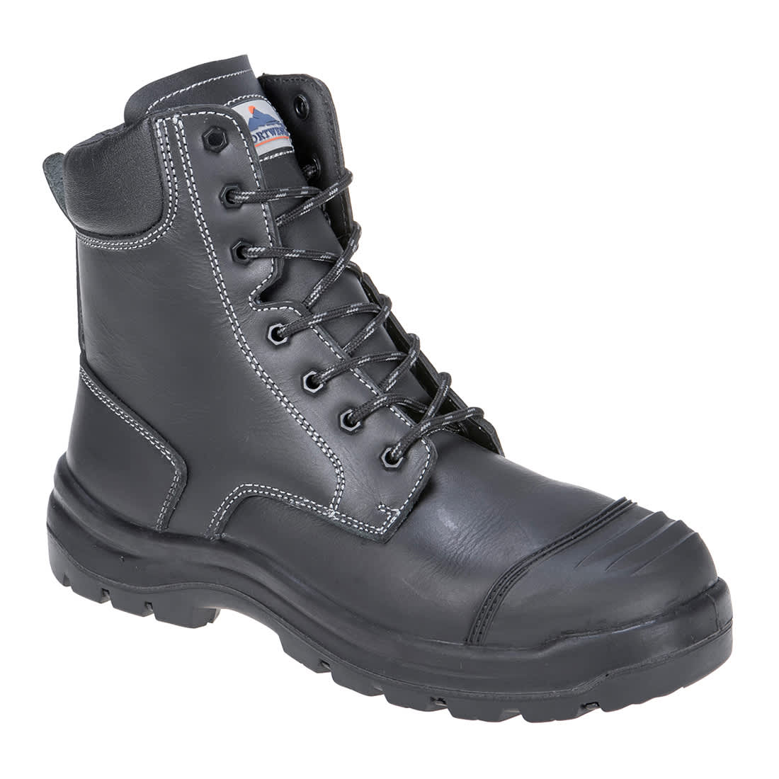 A black safety boot with a high ankle, lace-up design, and a protective toe cap. Features stitching details and a logo. Eden Safety Boot S3 HRO CI HI - Image 1