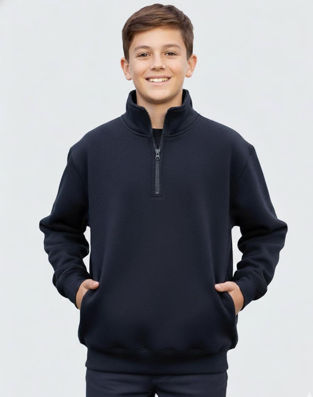 A navy blue kids' half zip collar fleecy sweatshirt with long sleeves and a front zipper. It features a logo. Kids' 1/2 Zip Collar Fleecy Sweat - Image 1