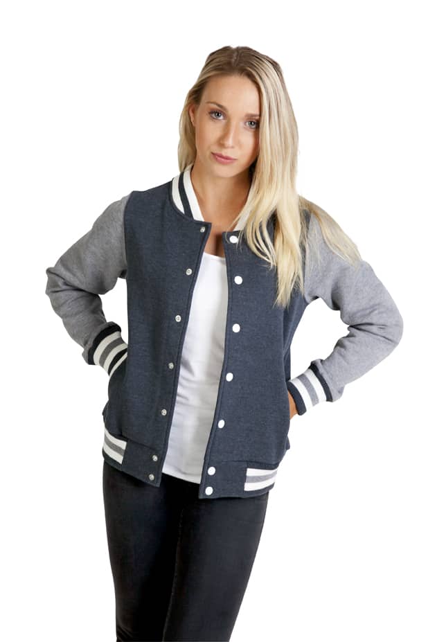 A women's varsity jacket in navy blue and grey, featuring a contrasting sleeve design and a logo. Womens/Junior Varsity Jacket - Image 1