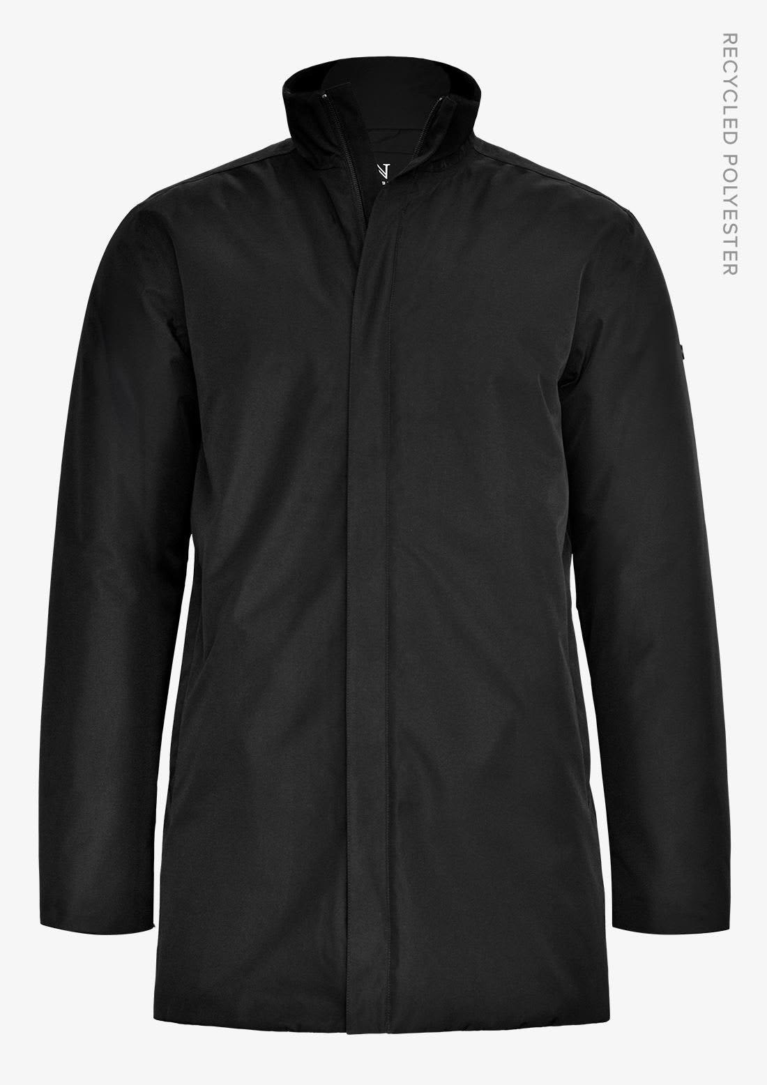 A black men's jacket with a high collar design, made from recycled polyester. It features a clean, modern silhouette. Folcroft Men Jacket - Image 1