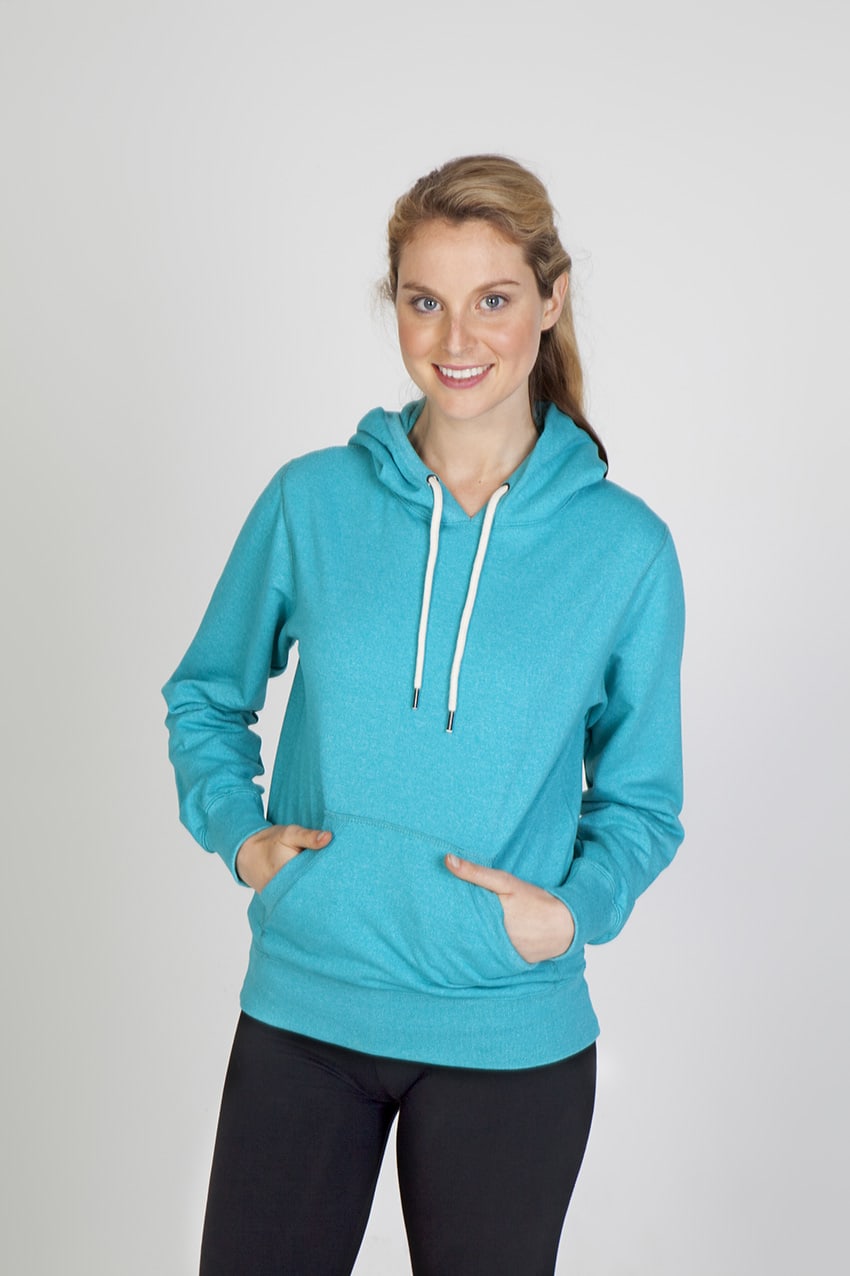 A turquoise hoodie with a front pocket and drawstring hood, worn by a smiling woman. Womens/Junior Greatness Heather Hoodie - Image 1
