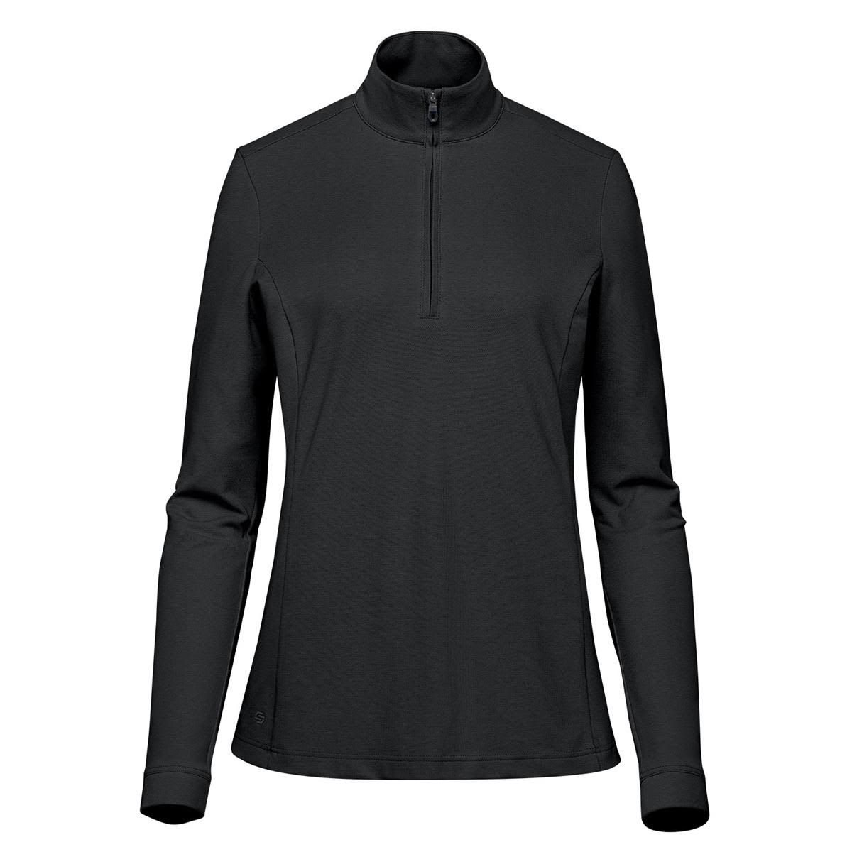 A black women's pullover with a 1/4 zip and long sleeves. It features a logo on the side. Women's Sonora 1/4 Zip Pullover - Image 1