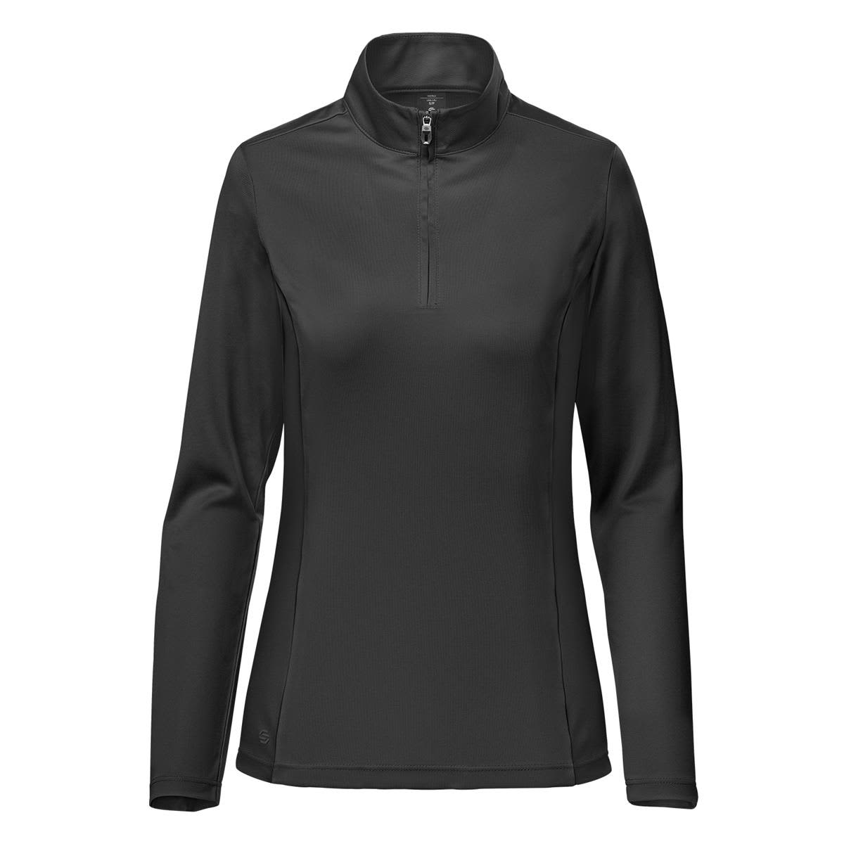 A black women's pullover with a 1/4 zip and long sleeves, featuring a sleek design and a logo. Women's Monterey 1/4 Zip Pullover - Image 1