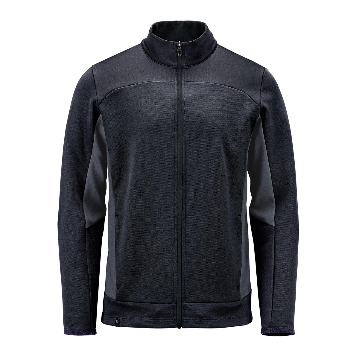 A black knit jacket with a zip front, featuring contrasting panel details and a high collar. It has a logo on the design. Men's Appaloosa Knit Jacket - Image 1