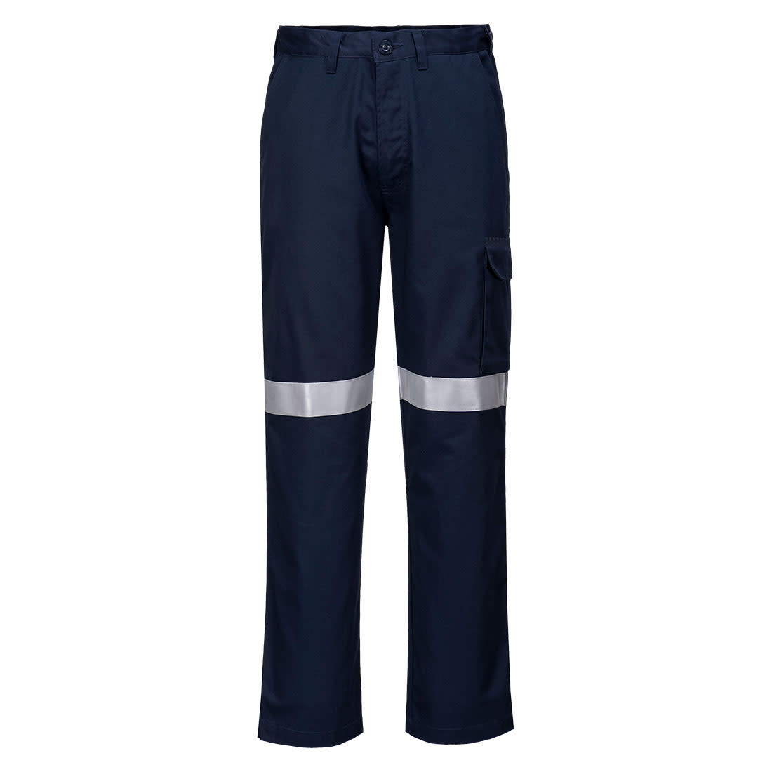 Navy pants featuring reflective stripes and a side pocket, designed for practical use. Includes a logo. Modaflame FR Pants - Image 1