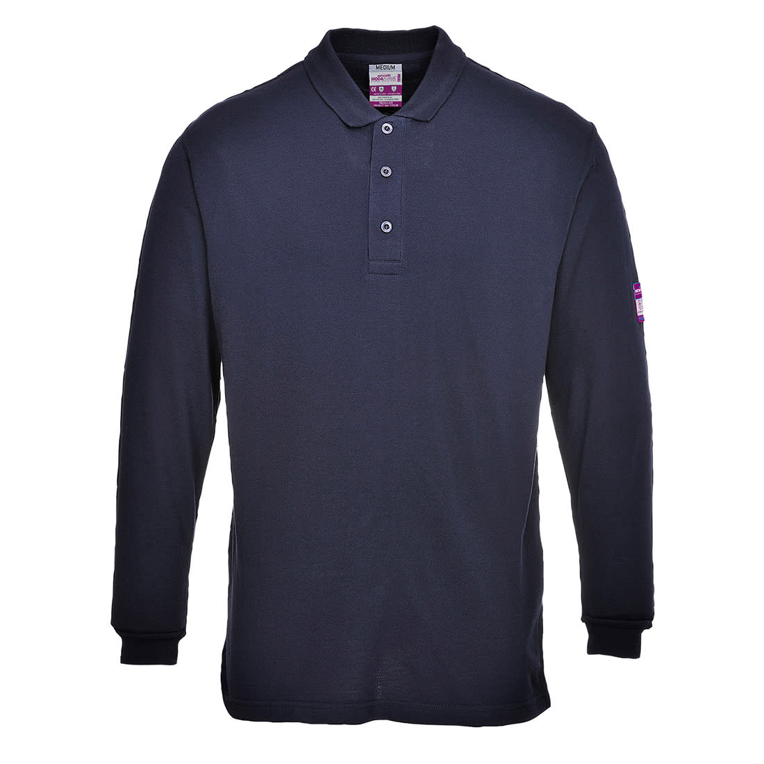 A navy long-sleeve polo shirt with a collar and a logo on the sleeve. Suitable for workwear. Modaflame Anti-Static FR Long Sleeve Polo Shirt - Image 1