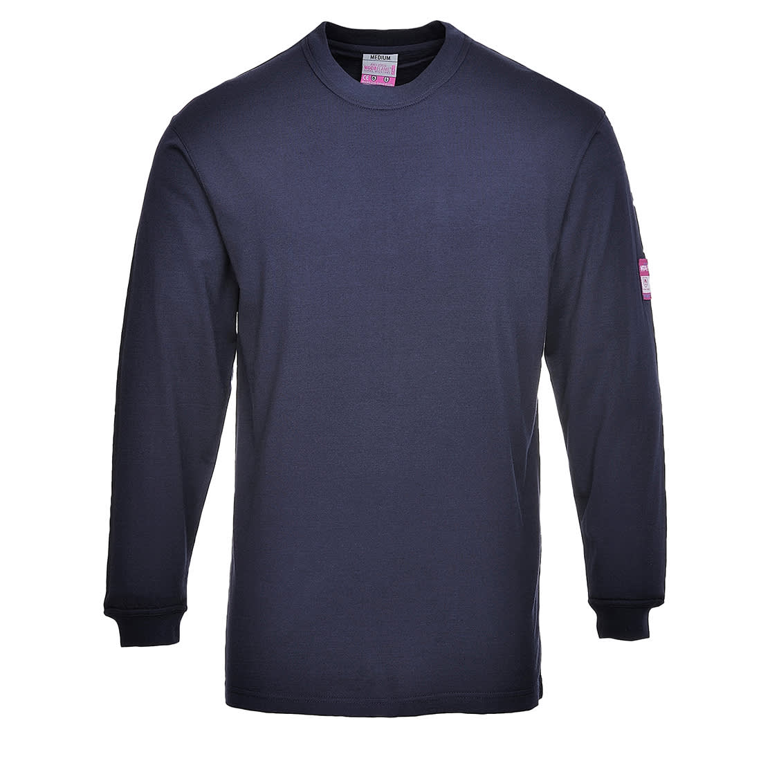 A navy long-sleeved T-shirt with a round neckline and a logo on the sleeve, designed for workwear. Modaflame Knit Anti-Static FR Long Sleeve T-Shirt - Image 1