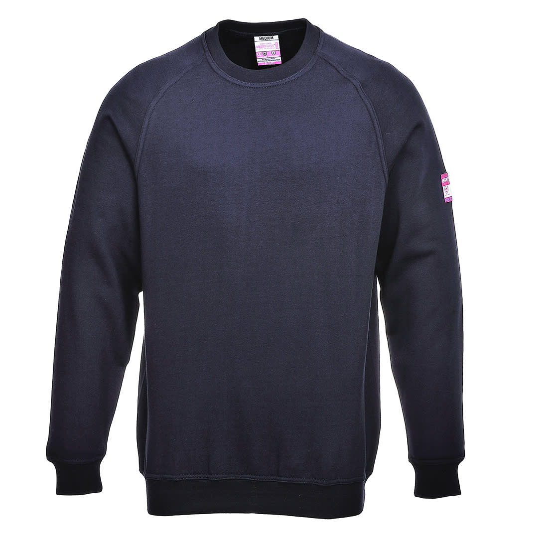 A navy blue antistatic sweatshirt with a logo, featuring a rounded neckline and ribbed cuffs. Modaflame Knit Anti-Static FR Long Sleeve Sweatshirt - Image 1