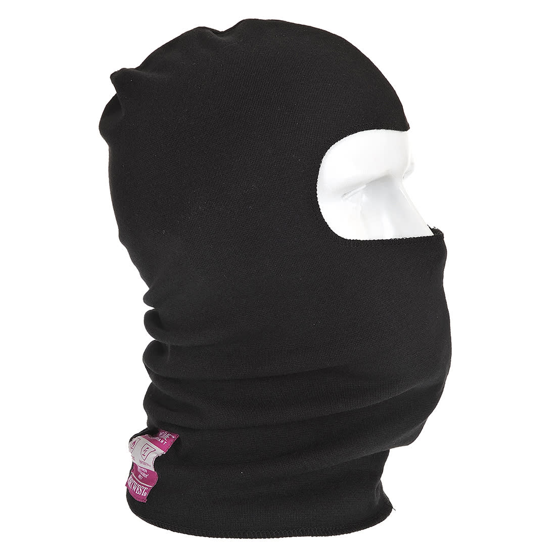 A black balaclava with an opening for the face, displayed on a mannequin head. It features a small logo. Modaflame Knit Anti-Static FR Balaclava - Image 1