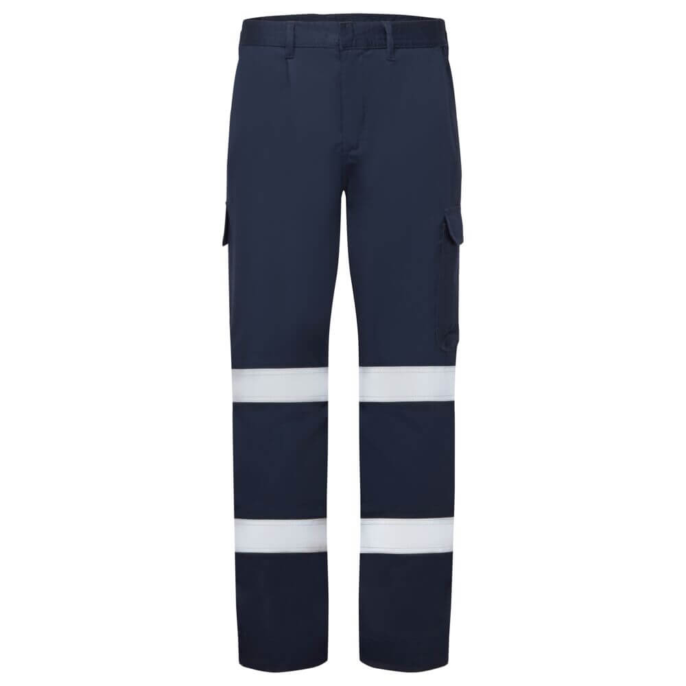 Navy work pants featuring reflective stripes and multiple pockets. Includes a logo on the garment. Bizflame Work FR Pants - Image 1