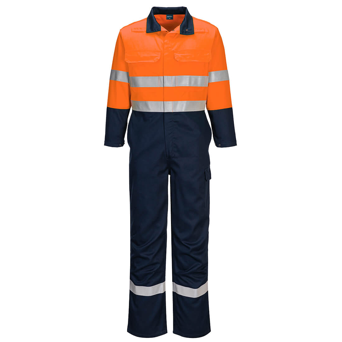 A safety coverall in orange and navy, featuring reflective stripes and a logo. Portflame FR Coverall - Image 1