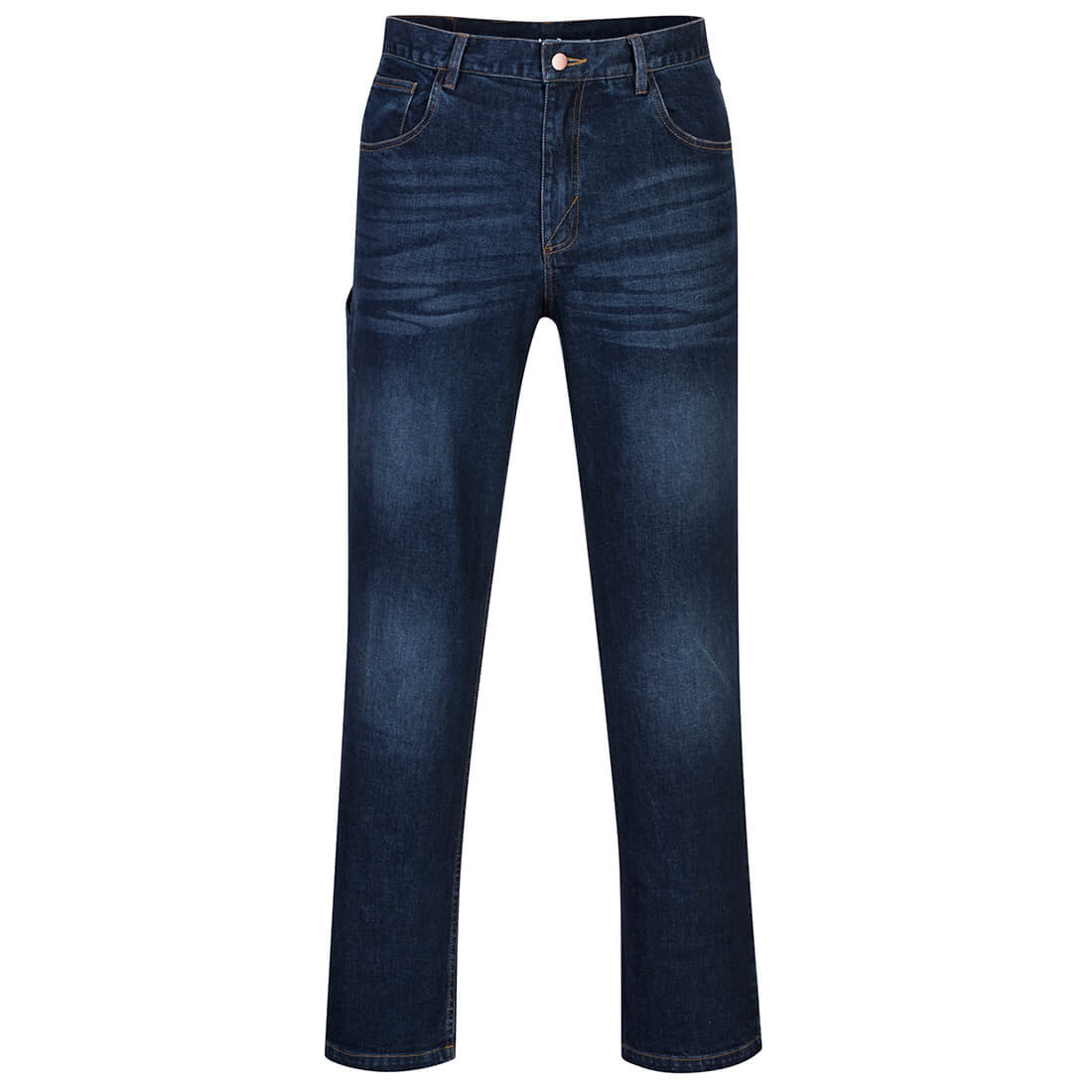 FR Stretch Denim Jeans in a dark blue wash with a classic five-pocket design and a branded logo. Bizflame Denim Flex FR Jeans - Image 1