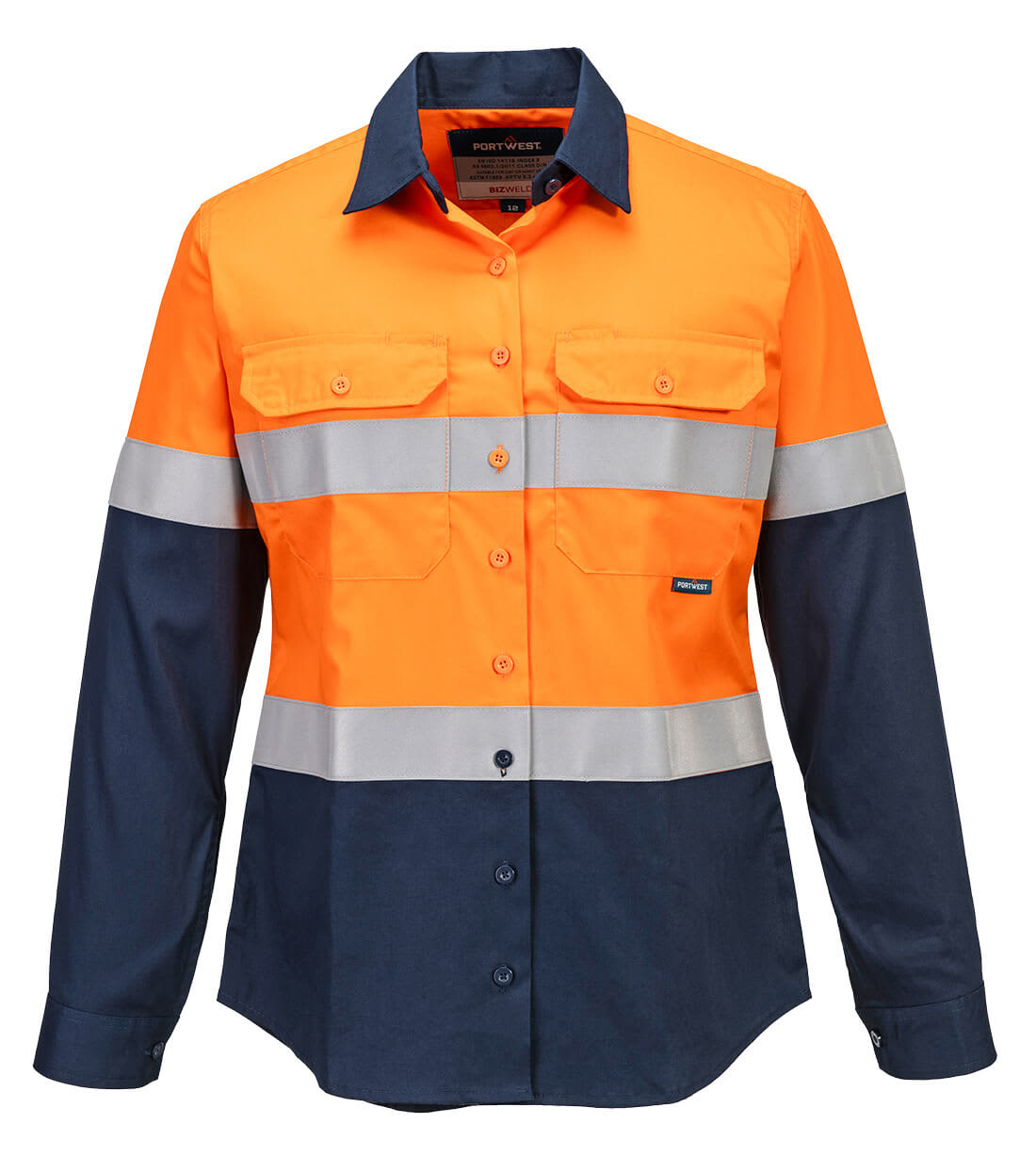 A women's long-sleeved shirt in high-visibility orange and navy, featuring reflective stripes and two front pockets. Bizflame FR Women's Shirt - Image 1