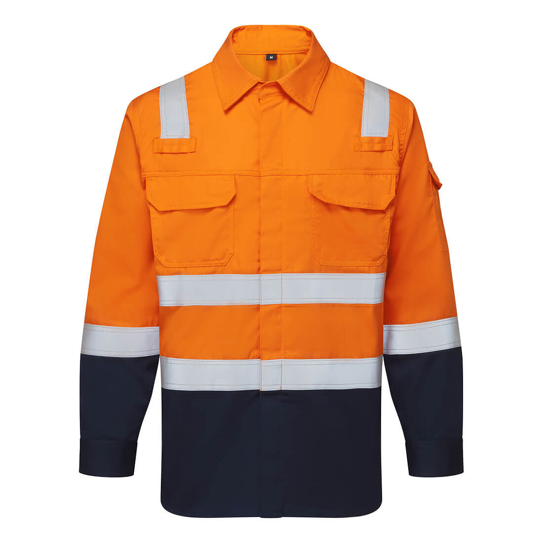 A two-tone work shirt featuring an orange upper section and navy blue lower section, with reflective strips and pockets. Bizflame Work Two Tone FR Shirt - Image 1