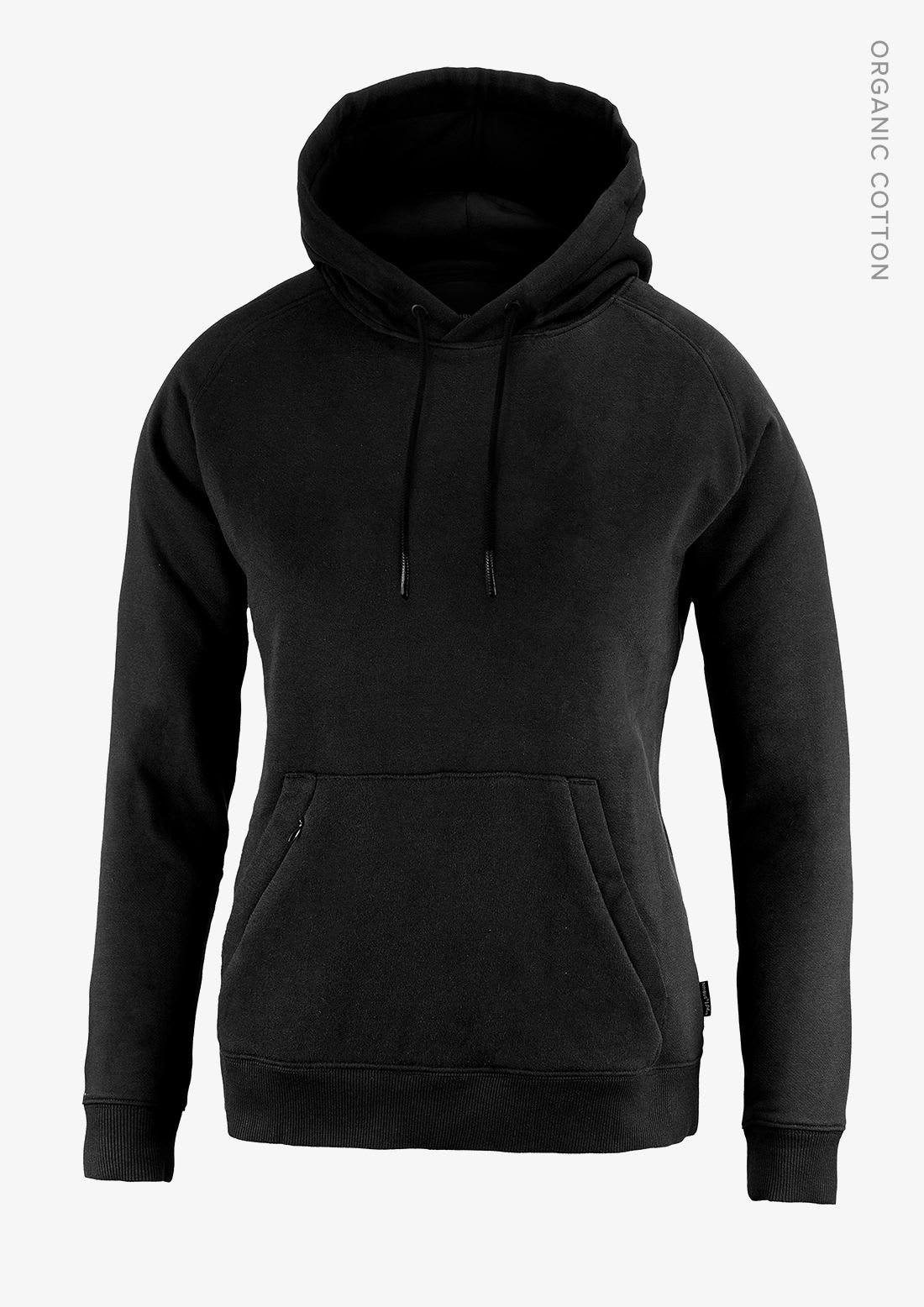 A black women's hoodie featuring a kangaroo pocket and a drawstring hood, made from organic cotton. Fresno Women Hoodie - Image 1