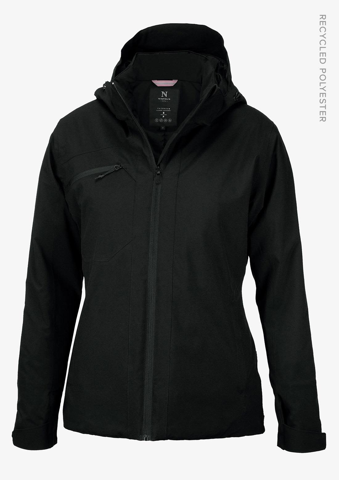 A black women's jacket with a hood, featuring a zip closure and a logo on the chest. Made from recycled polyester. Fairview Women Jacket - Image 1