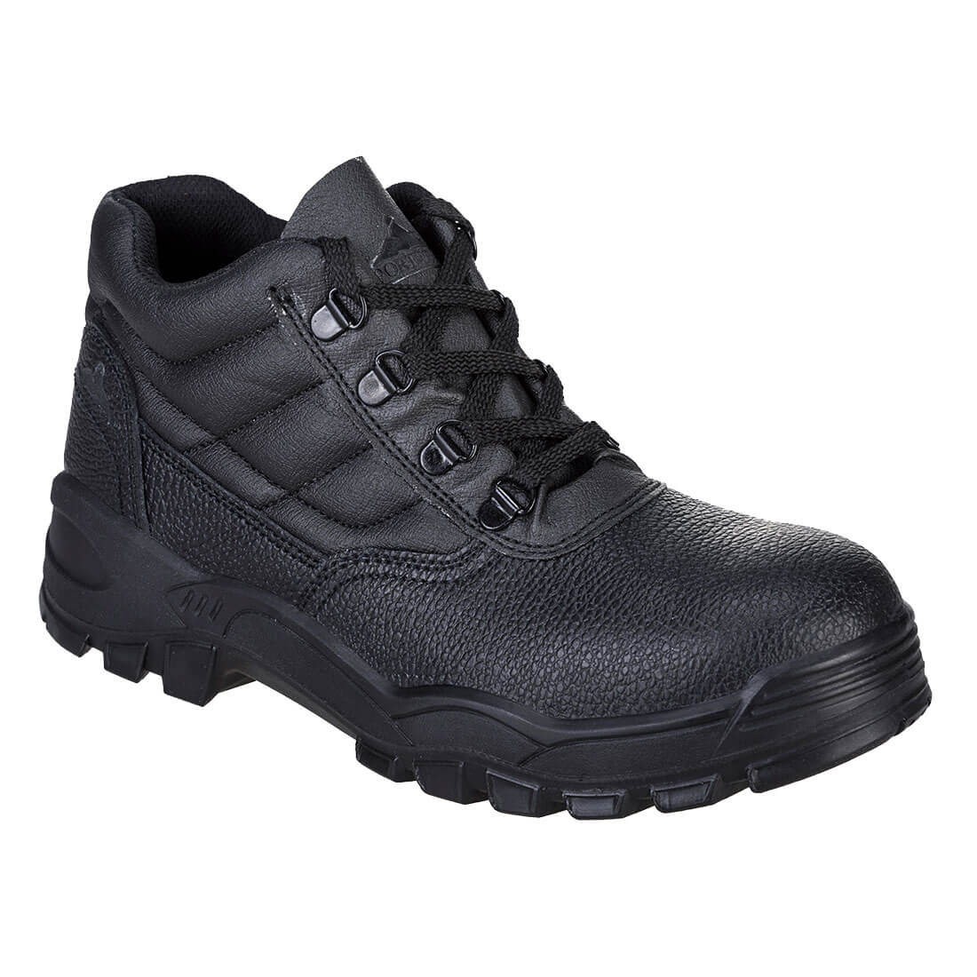 A black boot with textured detailing, featuring lace closures and a sturdy sole, suitable for various environments. Steelite Protector Boot S1P SR - Image 1