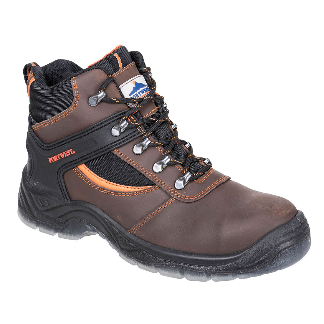 A brown and black hiker boot with orange accents, featuring a logo and metal eyelets for laces. Steelite Mustang Hiker Boot S3 - Image 1