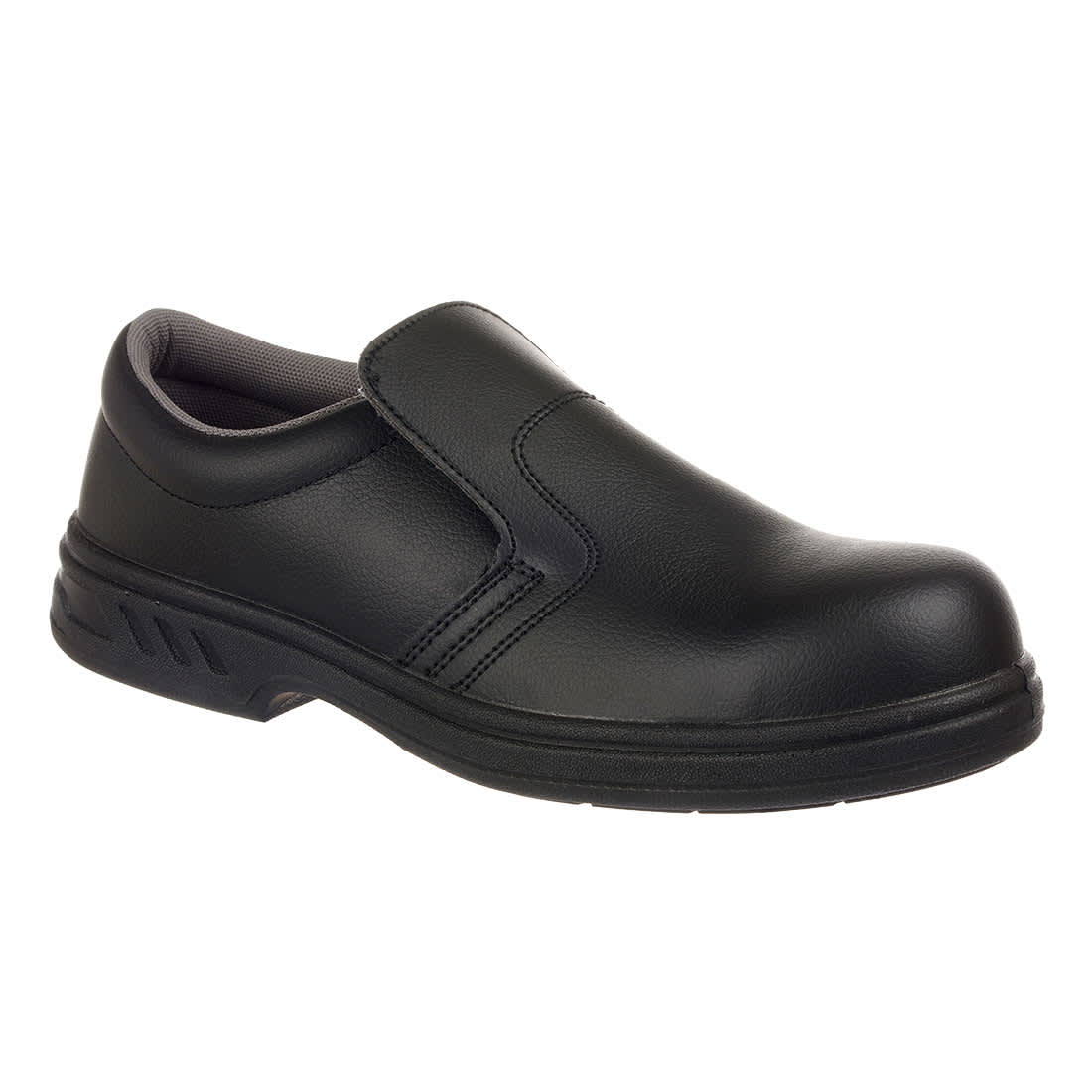 A black slip-on safety shoe with a sturdy design and a cushioned interior. Suitable for various work environments. Slip-On Safety Shoe S2 FO SR - Image 1