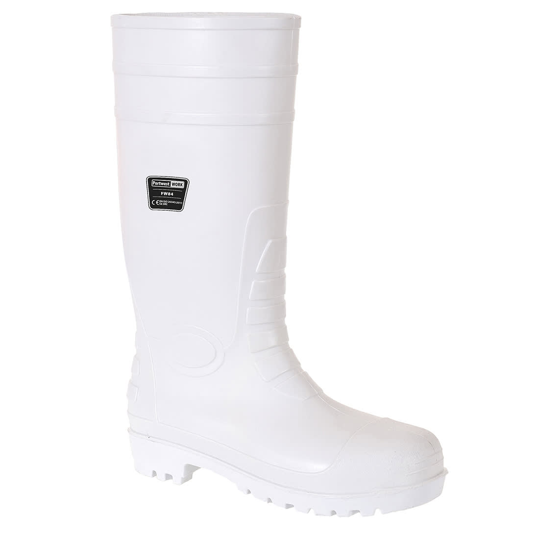 A pair of white waterproof boots with a textured sole and a branding label on the side. Safety Food Gumboot S4 FO - Image 1