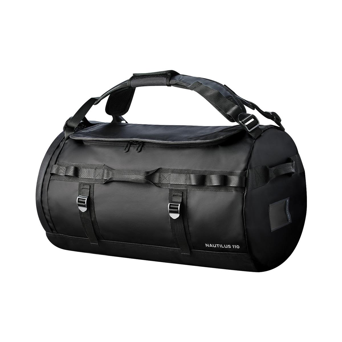 A black waterproof duffle bag with adjustable straps and a logo, featuring a cylindrical shape and sturdy handles. Nautilus Waterproof Duffle 110 - Image 1