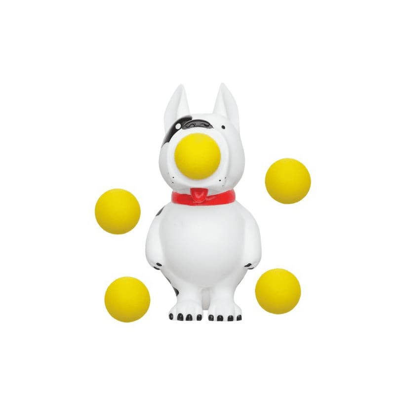 A white dog-shaped toy with a red collar, accompanied by four yellow popper balls. It has a logo on it. Hog Wild Popper Toy - Image 1