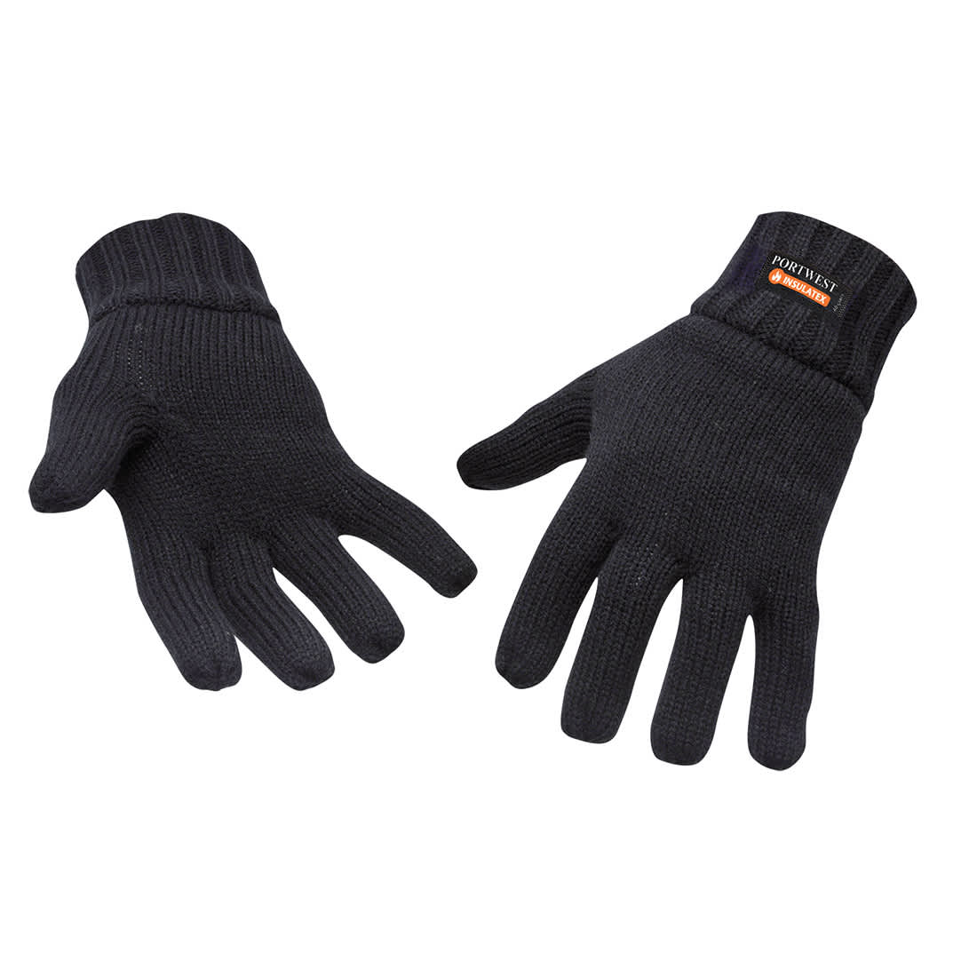 A pair of black knit gloves with a ribbed cuff and a logo on one cuff. Knit Glove Insulatex Lined - Image 1