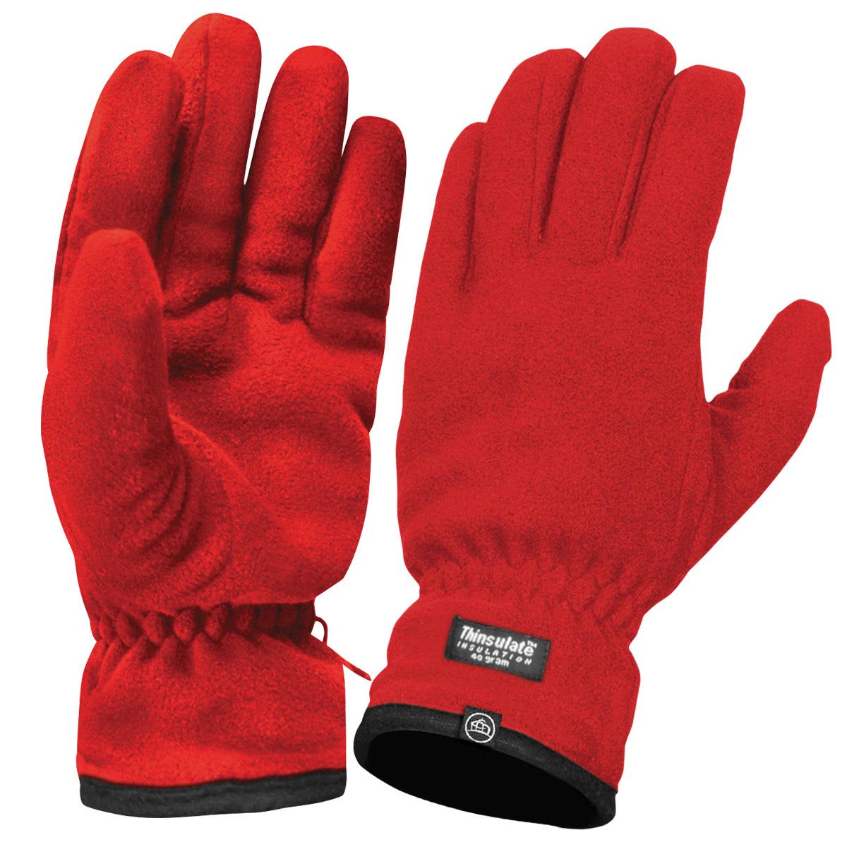 Red fleece gloves featuring a logo, designed for warmth and comfort. Elastic wrist for a snug fit. Helix Fleece Gloves - Image 1