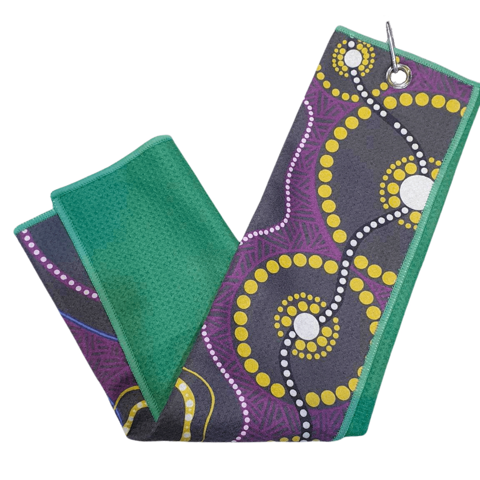 A golf towel featuring a colourful design with purple, yellow, and green patterns, finished with a hanging loop. The Happy Gilmore Golf Towel - Image 1