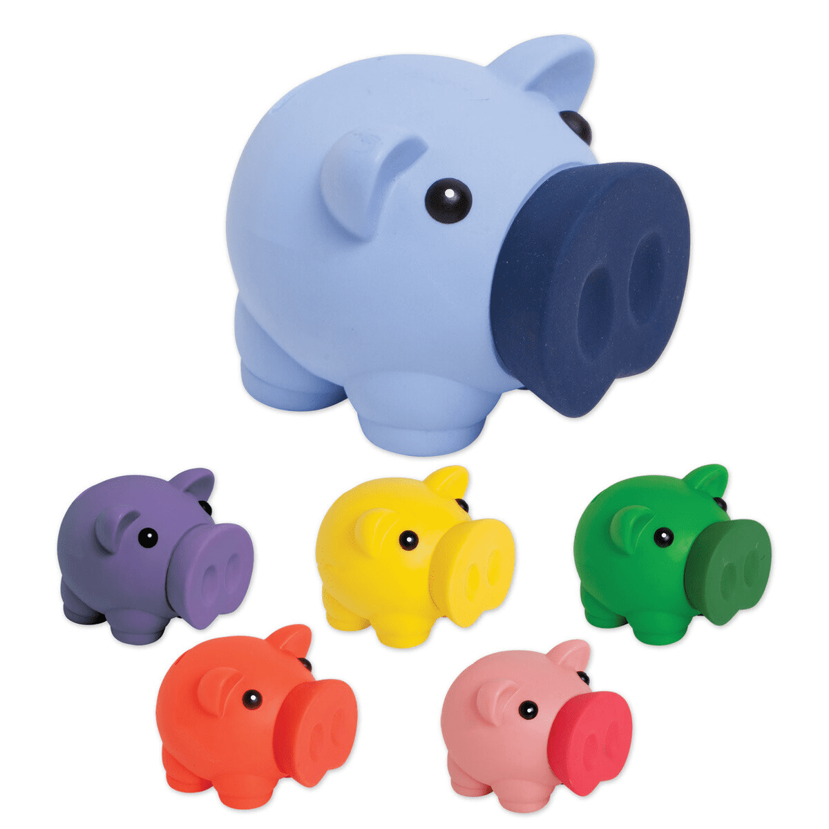 A collection of piggy coin banks in various colours: blue, purple, yellow, green, red, and pink, featuring a big nose design. Big Nose Piggy Coin Bank - Image 1