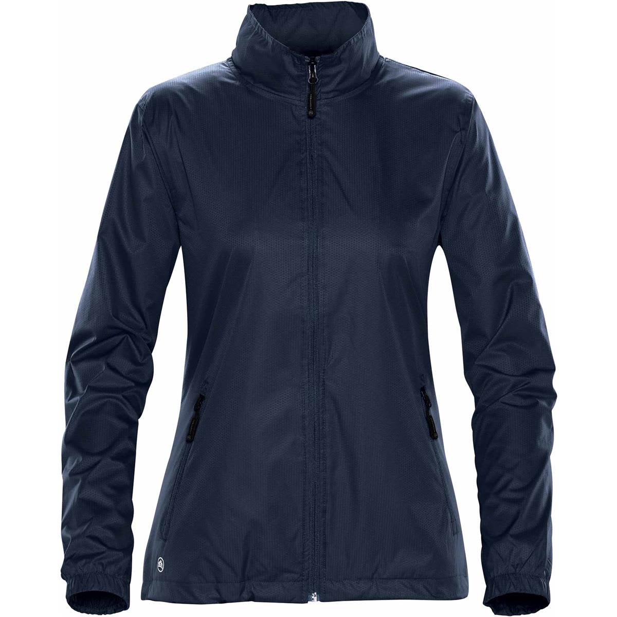 A women's rain jacket in navy blue, featuring a zip front and side pockets. The jacket includes a logo on the lower hem. Women's Axis Shell - Image 1