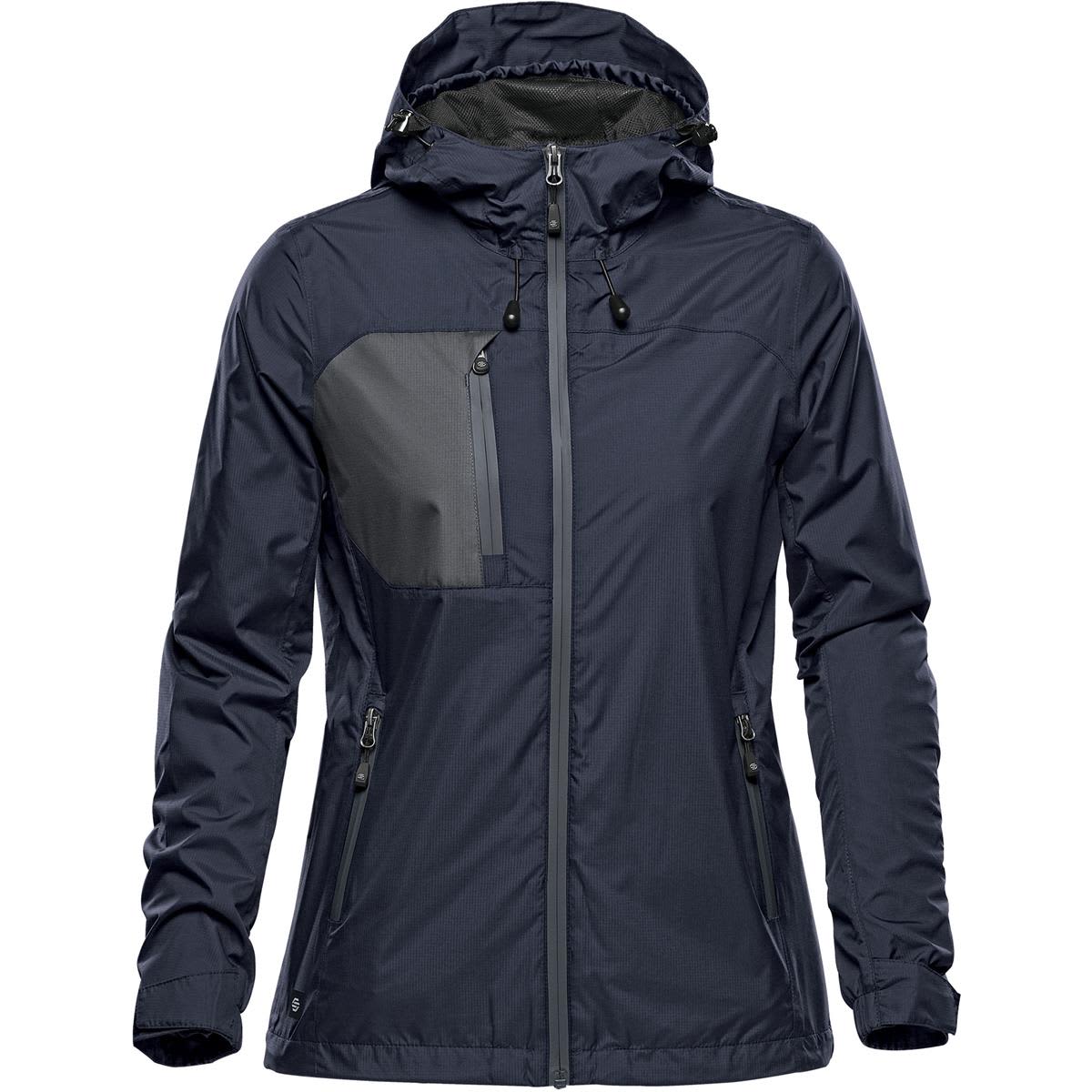 A women's rain jacket in navy blue with a hood and zippered pockets, featuring a logo. Women's Olympia Shell - Image 1