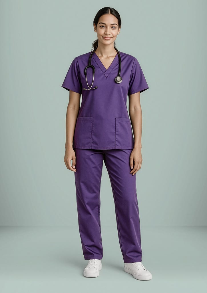 A model wearing purple Classic Women's Bootleg Scrub Pant paired with a matching top, complete with a stethoscope. Womens Classic Scrub Pant - Image 1