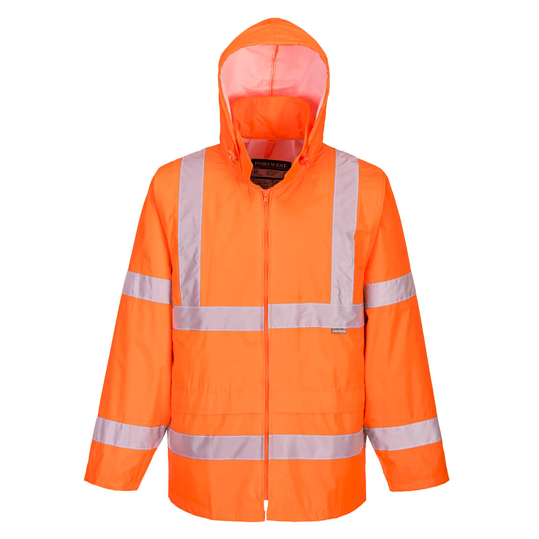 A bright orange Hi-Vis rain jacket with reflective stripes and a hood, featuring a logo. Hi-Vis Rain Jacket - Image 1