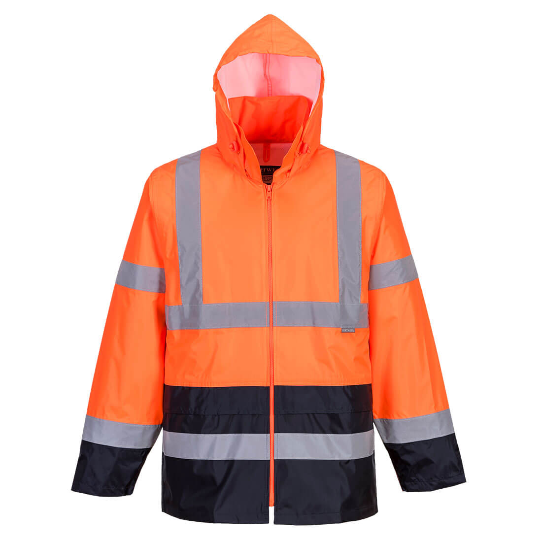A Hi-Vis classic contrast jacket in bright orange and black, featuring reflective stripes and a hood. Hi-Vis Contrast Rain Traffic Jacket - Image 1