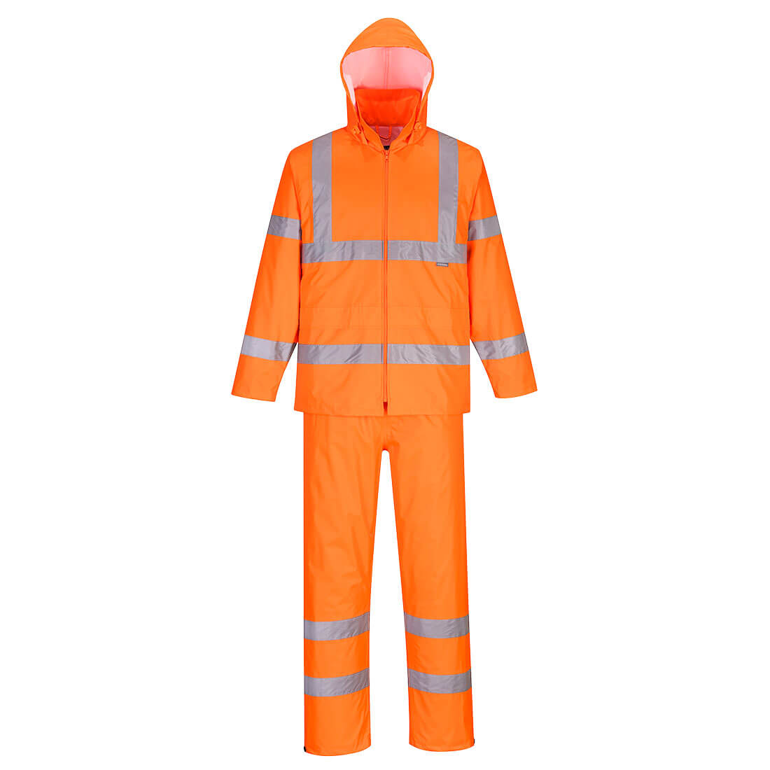 A bright orange Hi-Vis packaway rain suit with reflective stripes, including a hooded jacket and matching pants. Hi-Vis Rainsuit - Image 1