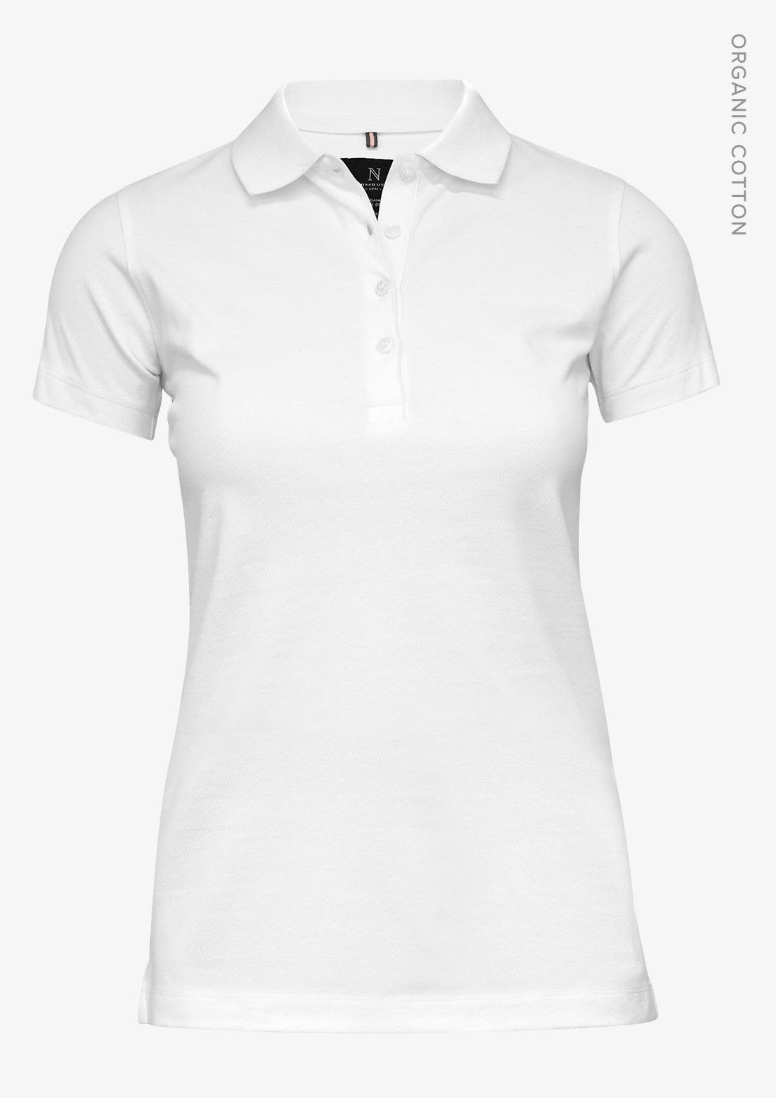 A white women's polo shirt made from organic cotton, featuring a classic collar and buttons, with a logo on the label. Harvard Classic Women Polo Shirt - Image 1