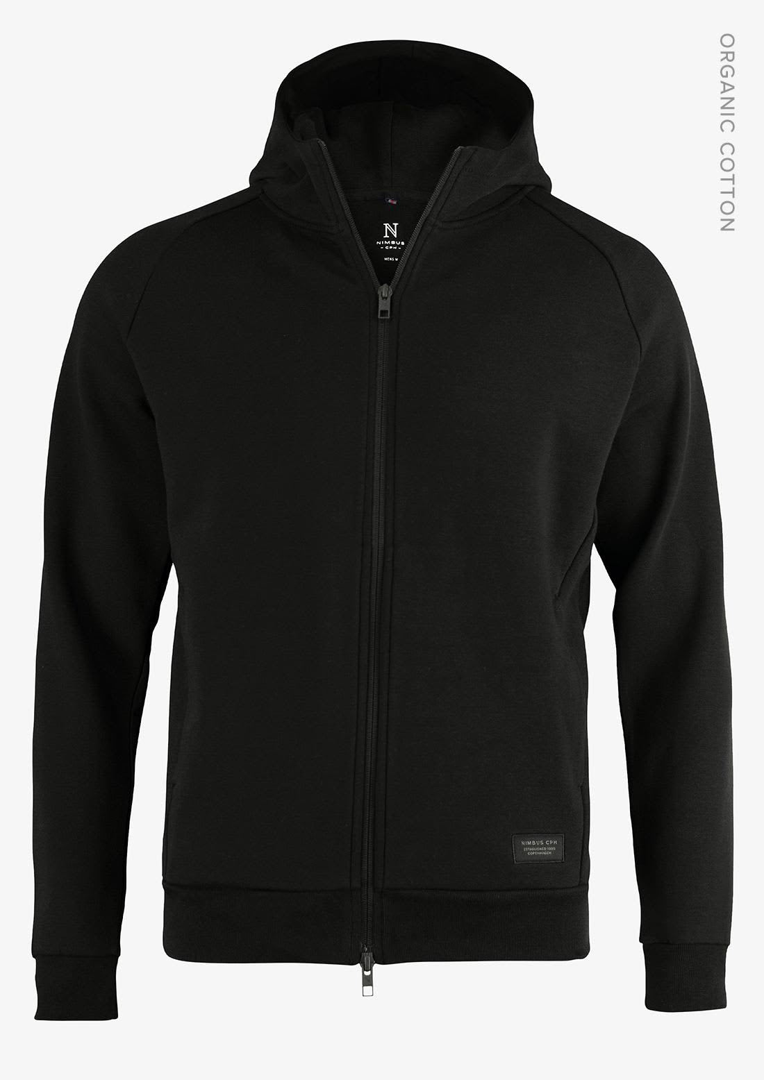 A black zip-up hoodie featuring a hood and a logo on the front. Made from organic cotton. Hampton Men Jacket - Image 1
