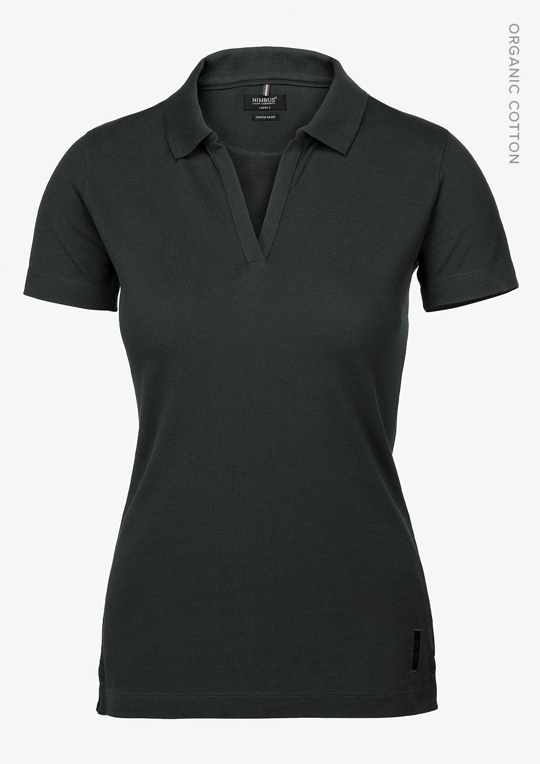 A black women's polo shirt with a V-neck design, featuring a logo and made of organic cotton. Harvard V-Neck Women Polo Shirt - Image 1