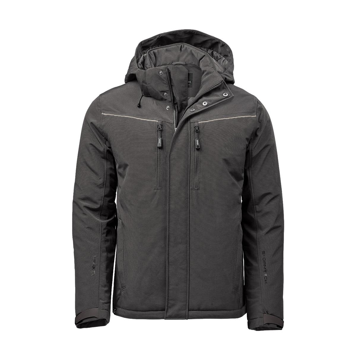 A men's thermal jacket in dark grey with a hood, featuring multiple zippered pockets and a logo. Men's Steelhead Thermal Jacket - Image 1