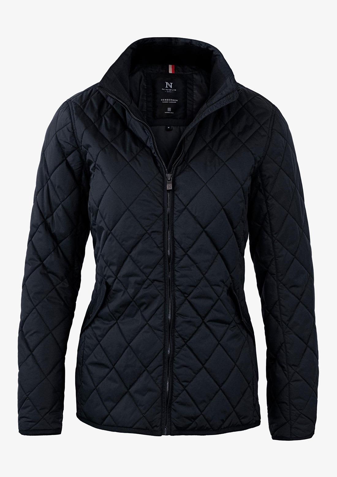 A black women's quilted jacket with a zip front and a stand collar, featuring a logo on the inner label. Henderson Women Jacket - Image 1