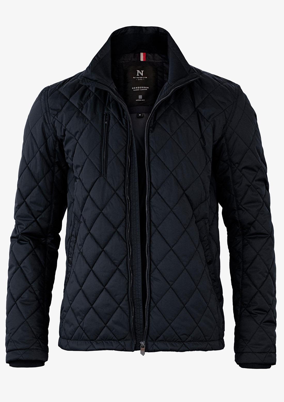 A quilted men's jacket in navy blue, featuring a zip front, high collar, and one logo on the chest. Henderson Men Jacket - Image 1