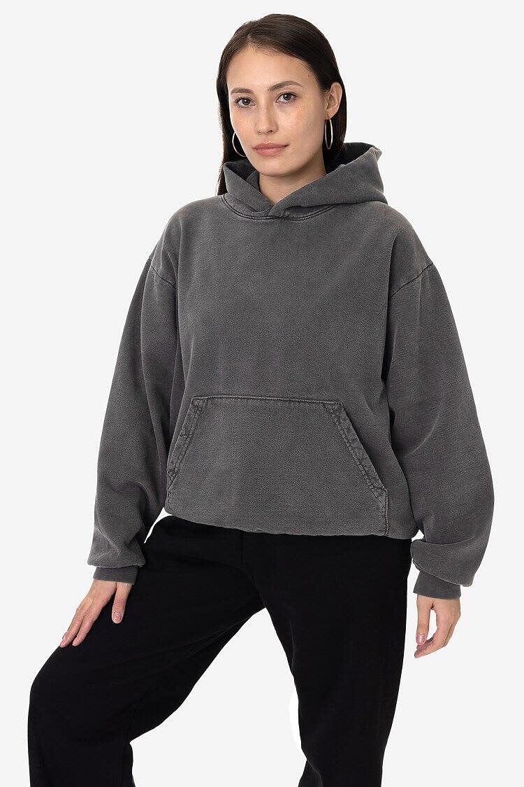 A heavy fleece hooded pullover in a grey colour, featuring a front pocket and relaxed fit. It has a logo present. Garment Dye Heavy Fleece Hooded Pullover - Image 1