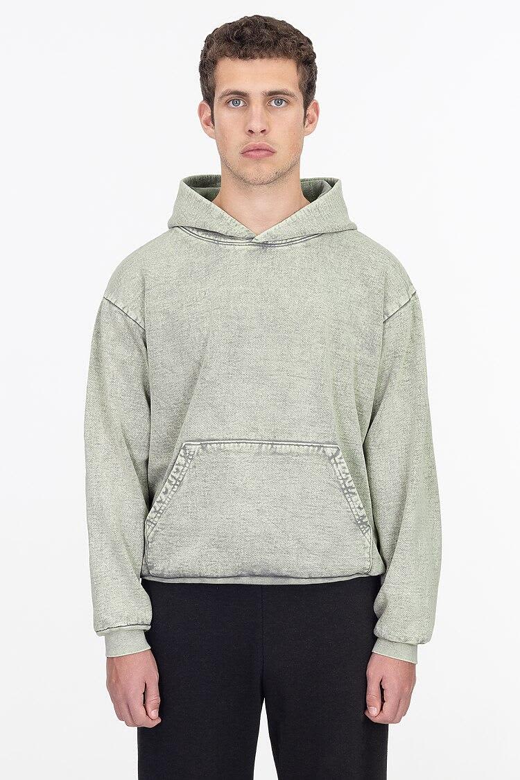 A heavy fleece hooded pullover in a mineral wash finish, featuring a front pocket and a logo. The colour is muted green. Mineral Wash Heavy Fleece Hooded Pullover - Image 1