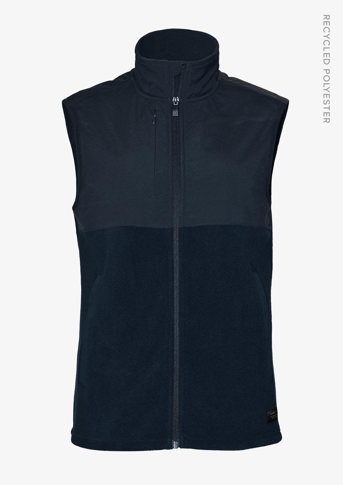 A dark navy unisex vest with a high collar and zippered front, featuring a logo on the lower hem. Highland Unisex Vest - Image 1