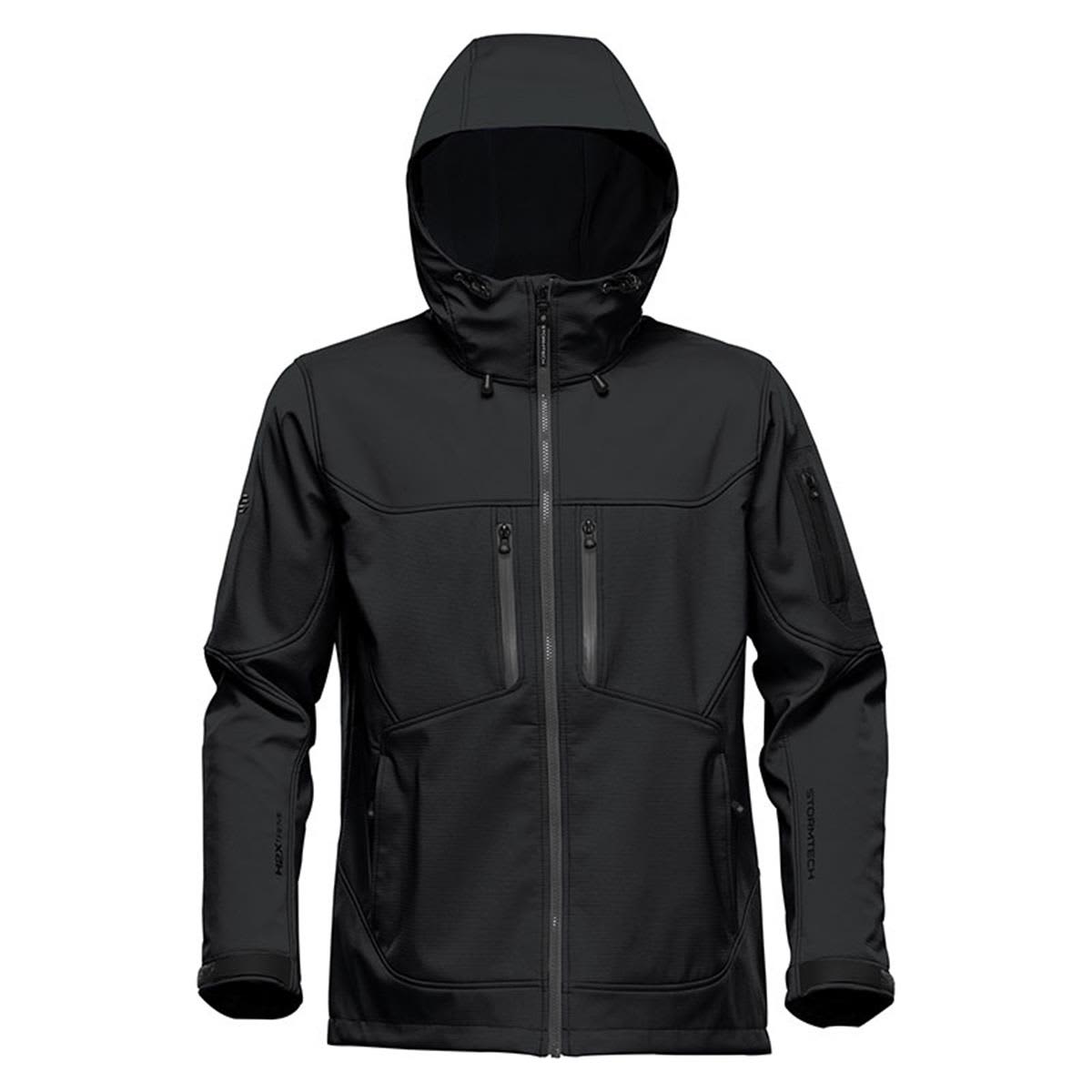 A black softshell jacket with a hood, featuring multiple zippered pockets and a logo on the sleeve. Men's Epsilon 2 Softshell - Image 1