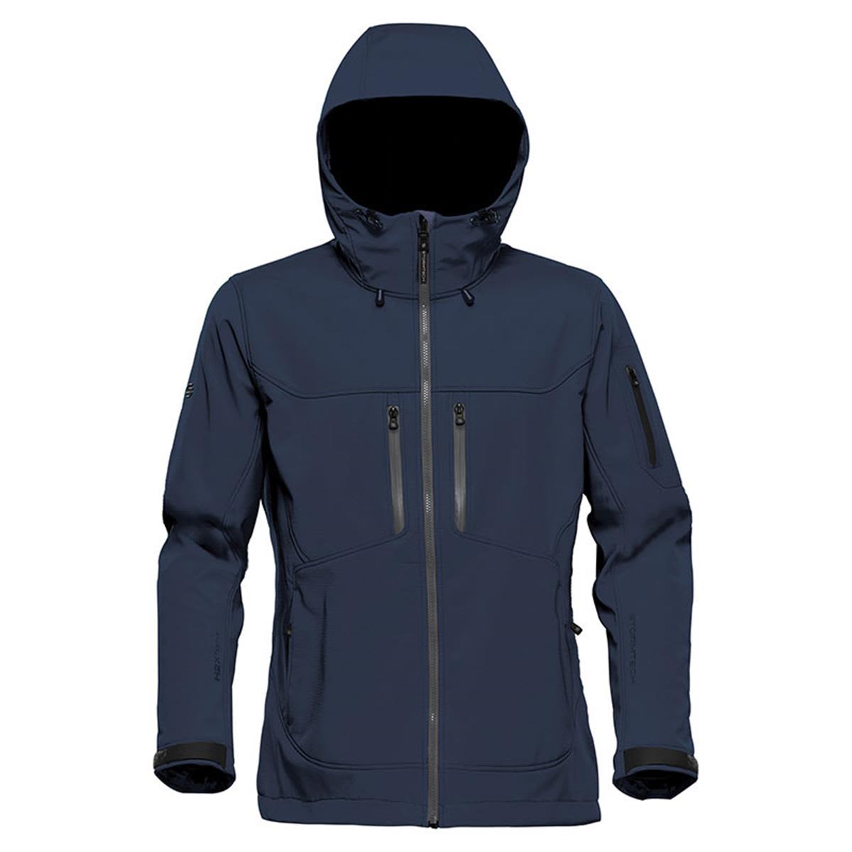 A navy softshell jacket with a hood, featuring multiple zippered pockets and a logo. Women's Epsilon 2 Softshell - Image 1