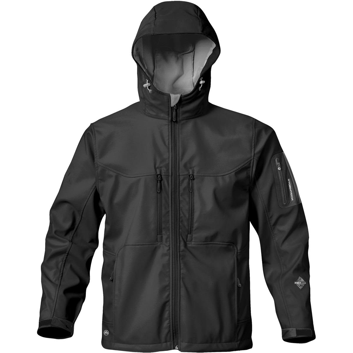 A black men's jacket with a hood, featuring multiple pockets and a logo on the sleeve. Men's Epsilon H2Xtreme Shell - Image 1